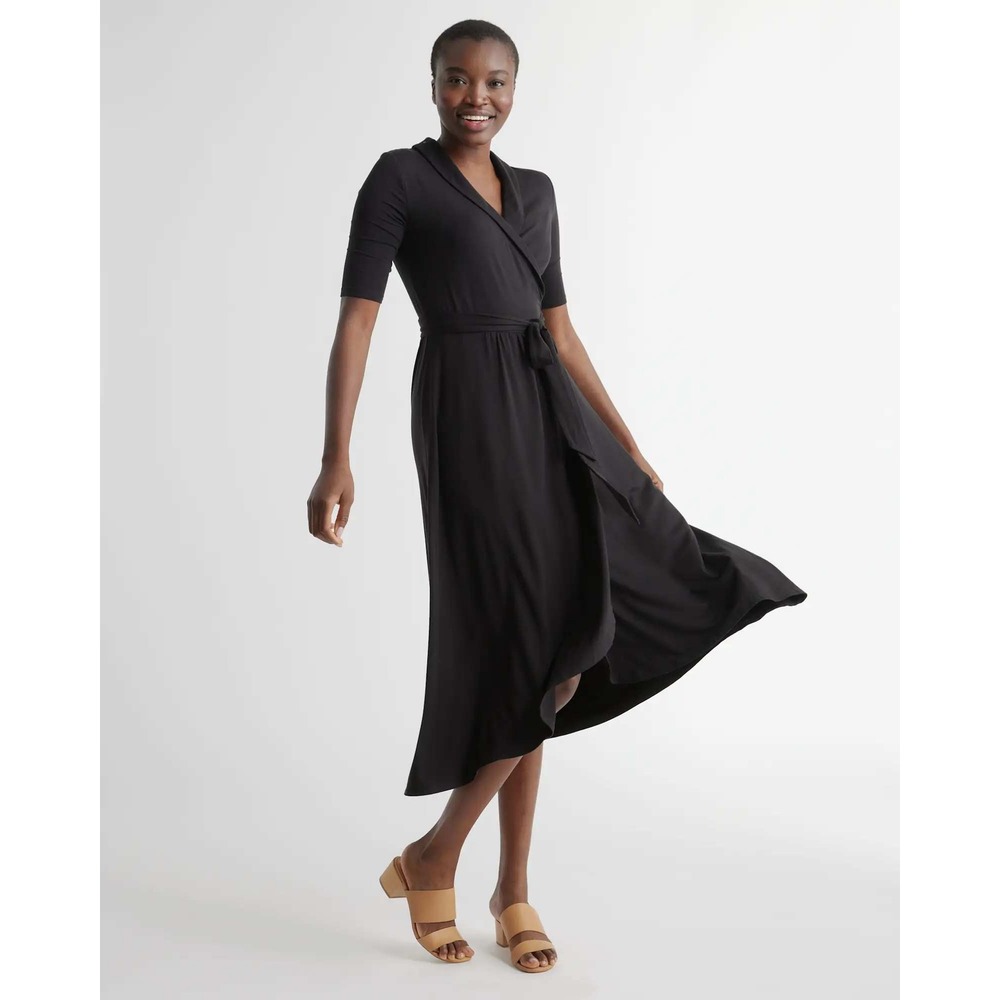 Quince Tencel Jersey Midi Wrap Dress Black Small NWT Elbow Sleeve Shawl Collar